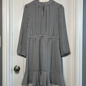 J. Crew Houndstooth Long Sleeve Tiered Ruffle Hem Mini Dress Dark Academia Style